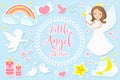 Little angel girl character set of objects. Collection of design element with angels, cupid, clouds, hearts, doves of