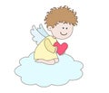 A little angel sits on a cloud and holds a heart.