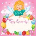 Little Angel in the sky, Easter greeting card. Fairy cartoon. Royalty Free Stock Photo