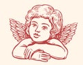 Little Angel with wings. Hand drawn cherub in engraving style. Vintage vector illustration