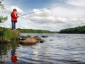 Little angler girl fishing on lake with rod