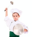 Little angry boy cook play knight Royalty Free Stock Photo