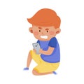 Little Angry Boy Sitting and Holding Smartphone Vector Illustration