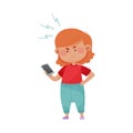 Little Angry Girl Standing and Holding Smartphone Vector Illustration