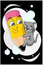 A little angry gray cat and cute yellow pencil blue eyed with him design cartoon vector illustration