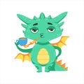 Little Anime Style Baby Dragon Warming Up Tea With Fire Cartoon Character Emoji Illustration