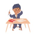 Little Arab Boy Pupil Sitting at Table with Book and Copybook Engaged in Elementary Education Vector Illustration Royalty Free Stock Photo