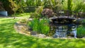 Little arched wooden bridge over pond. Royalty Free Stock Photo