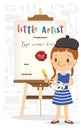 Little artist cartoon standing in front of wooden easel