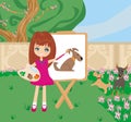 Little artist girl painting dog on large paper canvas