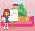 Little artist girl painting landscape from the window Royalty Free Stock Photo
