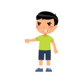 Little asain boy showing thumb down gesture flat vector illustration.