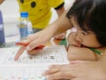 Little Asian baby girl learning to count numbers at home Royalty Free Stock Photo