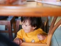 Little Asian baby girl sitting and playing / exploring under a dinning table during a meal with her family at a restaurant Royalty Free Stock Photo