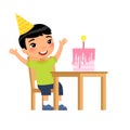 Little asian boy with birthday cake flat vector illustration. Royalty Free Stock Photo