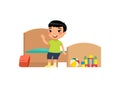 Little asian boy in clean bedroom flat vector illustration. Cute kid sitting on bed in tidy room cartoon character Royalty Free Stock Photo