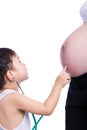 Little asian boy examining pregnant mother's tummy Royalty Free Stock Photo