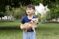 Little Asian boy happy with a Chihuahua dog in the park Royalty Free Stock Photo