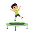 Little asian boy jumping on trampoline flat vector illustration. Royalty Free Stock Photo