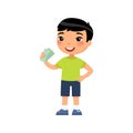 Little asian boy with money in hand flat vector illustration.