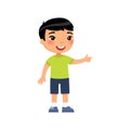 Little asian boy pointing with index finger flat vector illustration. Royalty Free Stock Photo