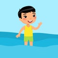 Little asian boy standing in a swimsuit flat vector illustration