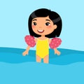 Little asian boy swimming with inflatable sleeves flat vector illustration.