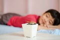 Little asian boy wating for new baby plant grow up Royalty Free Stock Photo