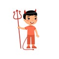 Little asian boy wearing devil costume flat vector illustration. Child dressed like red demon cartoon character. Kid clothed as Royalty Free Stock Photo