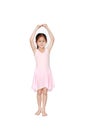 Little Asian child girl ballerina in pink tutu skirt isolated on white background. Kid practise her dance. Portrait front full- Royalty Free Stock Photo