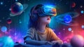 Little asian girl astronomer captivated by wonders of space through holographic VR at home Royalty Free Stock Photo