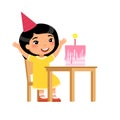 Little asian girl with birthday cake flat vector illustration