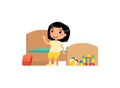 Little asian girl in clean bedroom flat vector illustration. Cute kid sitting on bed in tidy room cartoon character