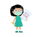 Little asian girl with face mask holding paper sheet with `STAY HOME` sign. Royalty Free Stock Photo