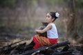 Happy asian child playing together on playground.