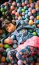 Little asian girl having fun in ball pit with colorful balls. Child playing on indoor playground. Kid jumping in ball pool Royalty Free Stock Photo