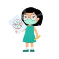 Little asian girl with medical mask holding paper sheet with virus image. Cute schoolkid with image and pencil in hands isolated