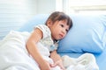 A little Asian girl is sick with a fever. She was lying on the bed in the hospital Royalty Free Stock Photo