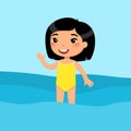 Little asian girl standing in a swimsuit flat vector illustration