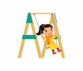 Little asian girl swing on a swing. Autumn holidays. Cute flat characters.