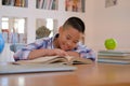 little asian kid boy child children studying reading book Royalty Free Stock Photo