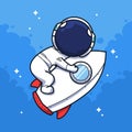 Little astronaut hugging a rocket in the sky in cute line art illustration style