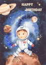 Happy birthday space card with little astronaut and planets