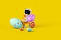 Little astronaut spaceboy holding easter eggs. Colorful Happy easter greeting design. Royalty Free Stock Photo