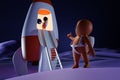 Little astronaut thumbs up and the captain in the cartoon rocket in moon. Children space travel concept. Royalty Free Stock Photo