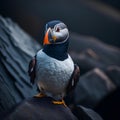 little atlantic puffin. dark nature background. auto focus style. bird. Royalty Free Stock Photo