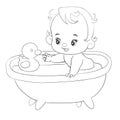 Little baby bathes in a bathtub with a rubber duck, isolated object on a white background, outline drawing, Royalty Free Stock Photo