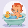 Little baby bathes in a bathtub with a rubber duck, isolated object on a white background, Royalty Free Stock Photo