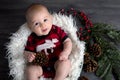 Little baby boy with christmas clothes in basket, looking curiou
