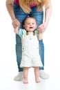 Little baby boy doing first steps with mother support Royalty Free Stock Photo